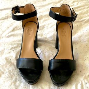 Black ankle strap sandal toe block heels